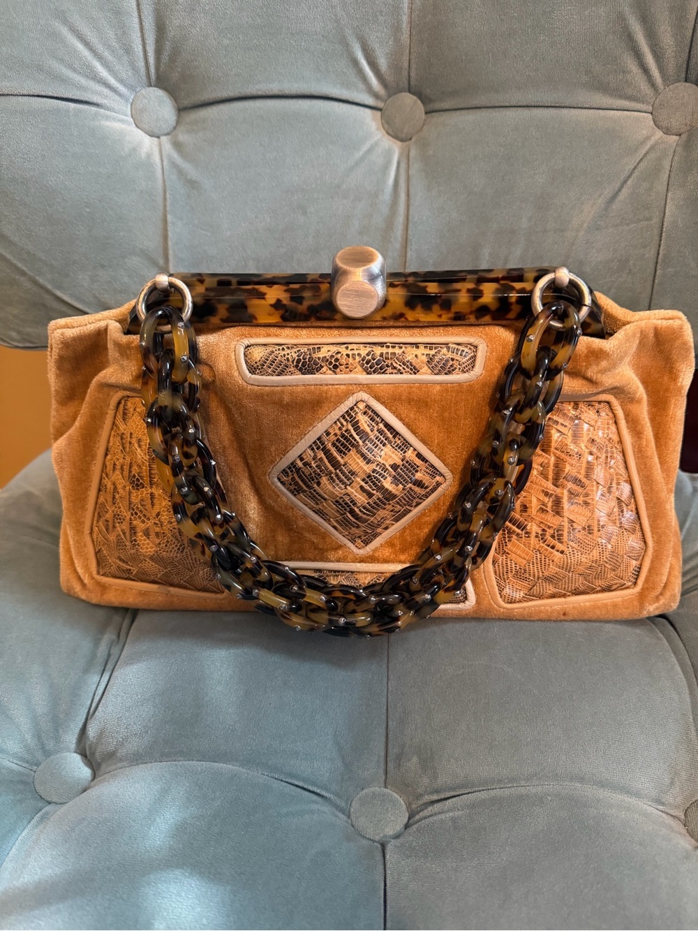Bottega Veneta Tan Velvet Limited Edition Shoulder Bag with Tortoiseshell Chain